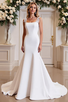 White Satin Sweep Train Square Neck Mermaid Wedding Dress with Lace