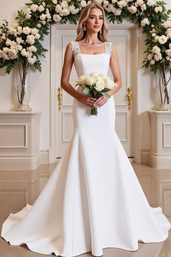 White Satin Sweep Train Square Neck Mermaid Wedding Dress with Lace