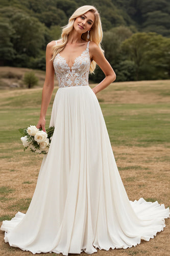 Ivory Chiffon Sweep Train V Neck Boho Wedding Dress with Lace