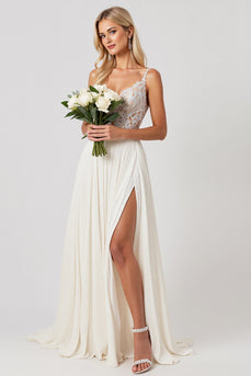 Ivory Chiffon Sweep Train V Neck Boho Wedding Dress with Lace