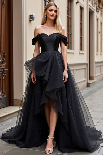 Black Sweep Train Off the Shoulder Wedding Dress with Ruffle