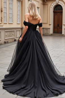 Black Sweep Train Off the Shoulder Wedding Dress with Ruffle