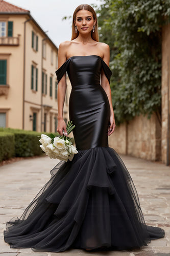 Black Satin Sweep Train Off the Shoulder Mermaid Wedding Dress with Ruffles