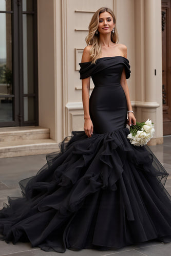 Black Satin Sweep Train Off the Shoulder Mermaid Wedding Dress with Ruffles