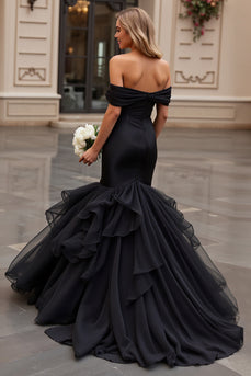 Black Satin Sweep Train Off the Shoulder Mermaid Wedding Dress with Ruffles