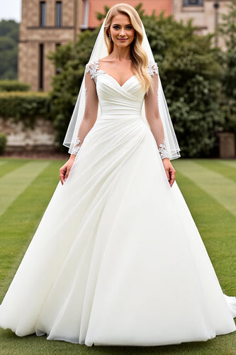 Ivory Organza Sweep Train V Neck Wedding Dress with Lace