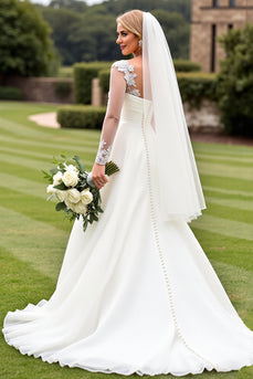 Ivory Organza Sweep Train V Neck Wedding Dress with Lace