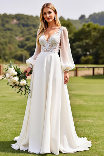 Ivory  V Neck Chiffon Sweep Train Boho Wedding Dress with Lace