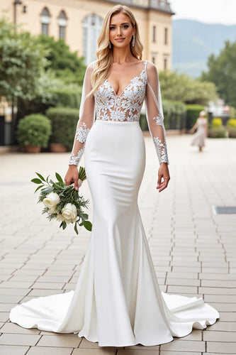 Ivory Satin Mermaid Sweep Train V Neck Wedding Dress with Lace