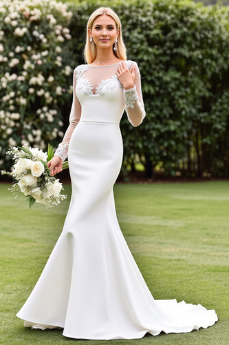 Ivory Satin Illusion Boat Neck Sweep Train Mermaid Wedding Dress with Lace