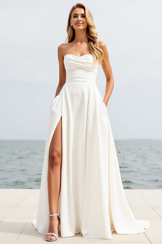 Ivory Sweetheart Sweep Train Boho Wedding Dress with Slit