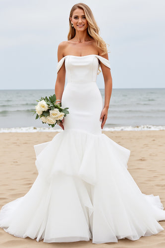 Ivory Satin Off the Shoulder Sweep Train Mermaid Wedding Dress with Ruffle