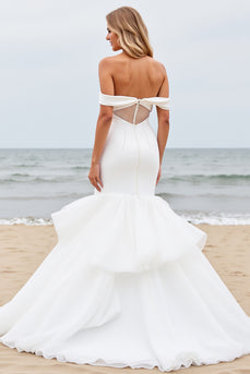 Ivory Satin Off the Shoulder Sweep Train Mermaid Wedding Dress with Ruffle