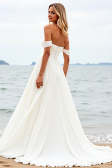 Ivory Chiffon Off the Shoulder Sweep Train Boho Wedding Dress with Slit