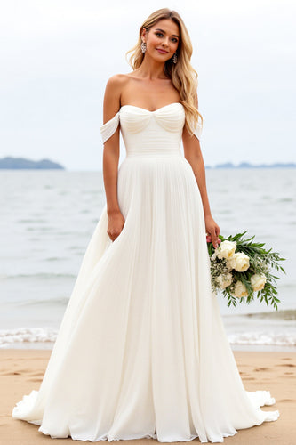 Ivory Chiffon Off the Shoulder Sweep Train Boho Wedding Dress with Slit