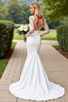 Ivory Satin Square Neck Sweep Train Mermaid Wedding Dress