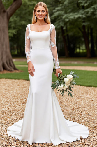 Ivory Satin Square Neck Sweep Train Mermaid Wedding Dress