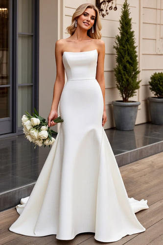 Ivory Satin Strapless Sweep Train Mermaid Wedding Dress