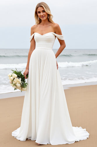 Ivory Chiffon Off the Shoulder Sweep Train Boho Wedding Dress