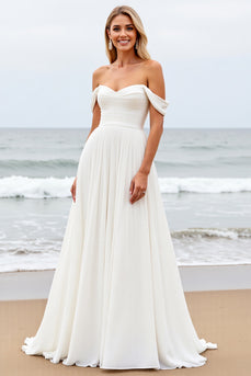 Ivory Chiffon Off the Shoulder Sweep Train Boho Wedding Dress