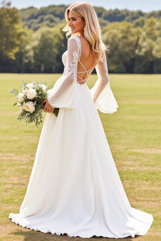 Ivory Chiffon A Line V Neck Sweep Train Boho Wedding Dress with Lace