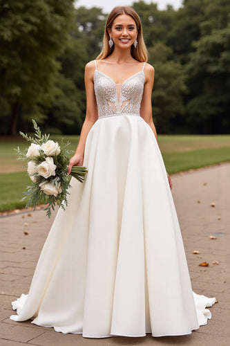 Ivory Satin Sweep Train V Neck Wedding Dress with Lace