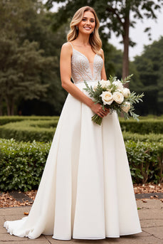 Ivory Satin Sweep Train V Neck Wedding Dress with Lace