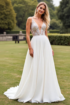 Ivory Chiffon V Neck Sweep Train A Line Boho Wedding Dress with Slit