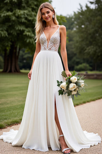 Ivory Chiffon V Neck Sweep Train A Line Boho Wedding Dress with Slit