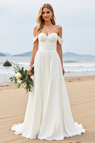 Ivory Chiffon Off the Shoulder Sweep Train A Line Boho Wedding Dress