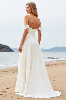 Ivory Chiffon Off the Shoulder Sweep Train A Line Boho Wedding Dress