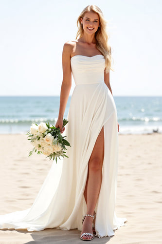 Ivory Chiffon Sweetheart Sweep Train A Line Boho Wedding Dress with Slit