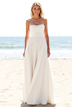 Ivory Chiffon Sweetheart Sweep Train A Line Boho Wedding Dress with Slit