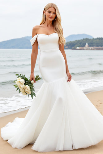 Ivory Satin Mermaid Off the Shoulder Sweep Train Wedding Dress