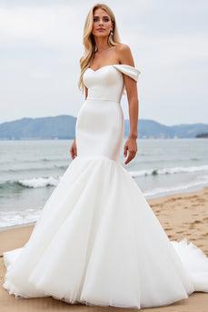 Ivory Satin Mermaid Off the Shoulder Sweep Train Wedding Dress