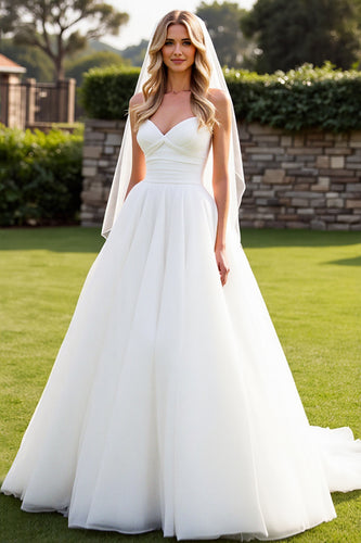 Simple Ivory Ball Gown Sweetheart Sweep Train Wedding Dress