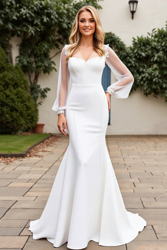 Ivory Satin Mermaid Illusion V Neck Sweep Train Wedding Dress with Lace