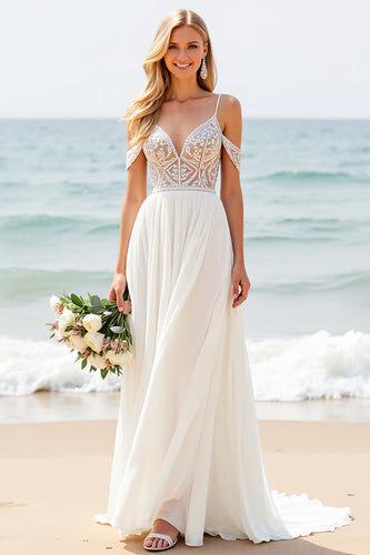 Ivory Chiffon Sweep Train Spaghetti Straps Boho Wedding Dress with Lace