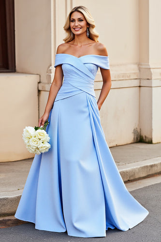 Light Blue A Line Satin Long Prom Dress