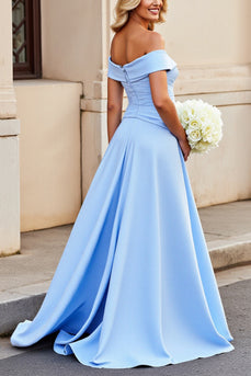 Light Blue A Line Satin Long Prom Dress