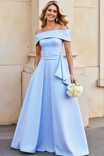 Light Blue A Line Satin Long Prom Dress with Ruffles