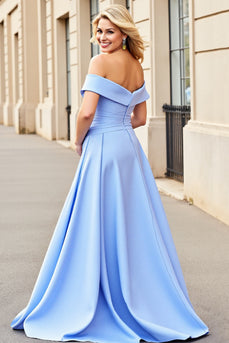 Light Blue A Line Satin Long Prom Dress with Ruffles