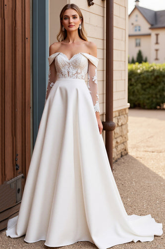 Ivory Satin Sweep Train Off the Shoulder Wedding Dress with Lace