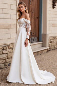 Ivory Satin Sweep Train Off the Shoulder Wedding Dress with Lace