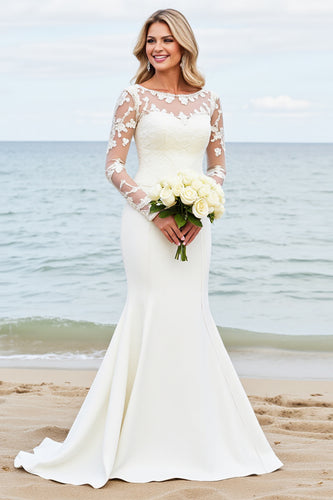 Ivory Satin Illusion Boat Neck Mermaid Sweep Train Wedding Dress with Lace