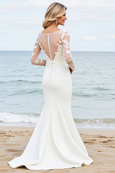 Ivory Satin Illusion Boat Neck Mermaid Sweep Train Wedding Dress with Lace