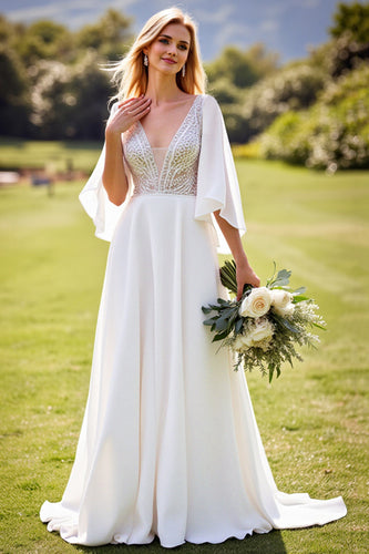 Ivory Chiffon V Neck Sweep Train Boho Wedding Dress with Lace