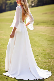 Ivory Chiffon V Neck Sweep Train Boho Wedding Dress with Lace