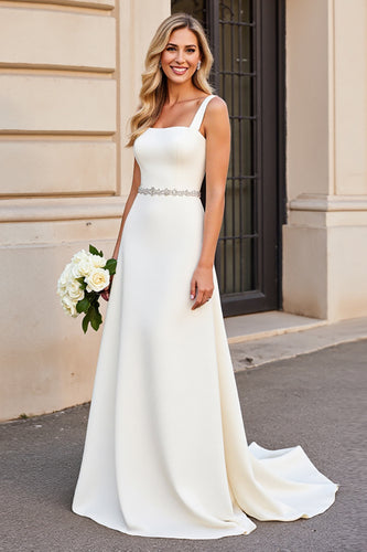 Ivory Satin Square Neck Sweep Train Wedding Dress with Belt