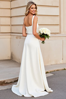 Ivory Satin Square Neck Sweep Train Wedding Dress with Belt